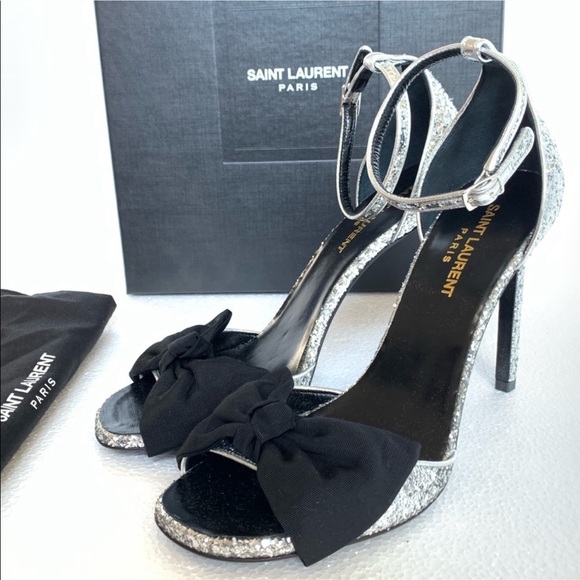 Saint Laurent Silver Glitter Heels with Bow Detail - Picture 6 of 8